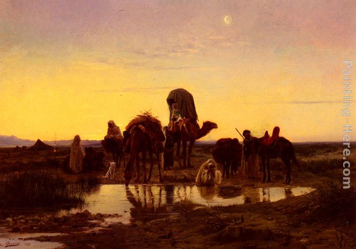Camel Train By An Oasis At Dawn painting - Eugene-Alexis Girardet Camel Train By An Oasis At Dawn art painting